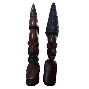 Vintage African Couple Carved Bust Wood Art Statues Handcrafted Tribal 10"